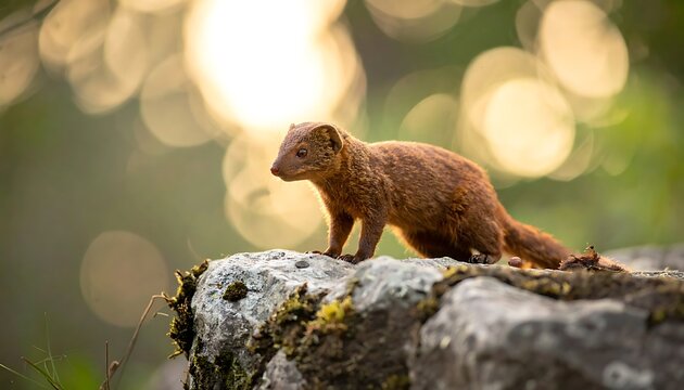 Small, reddish-brown mongoose poised on a rock covered with moss, against a bokeh forest backdrop at sunset
