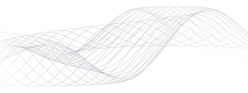 linear wave mesh flowing wireframe pattern with mathematical sine curvature interlocking grey paths on white for minimal architecture digital interface design