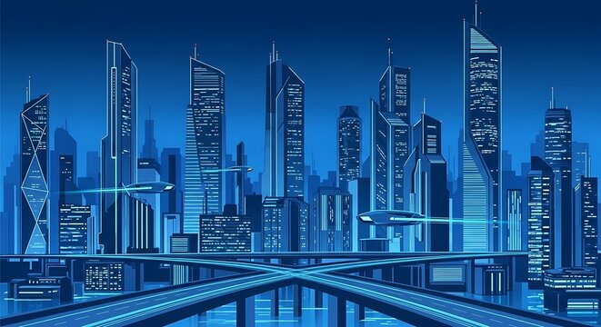 Futuristic cityscape with sleek skyscrapers.