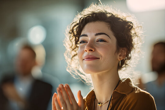 Caucasian female project manager smiling confidently with backlit curly hair, clasping hands and wearing gold hoop earrings and layered necklaces at meeting