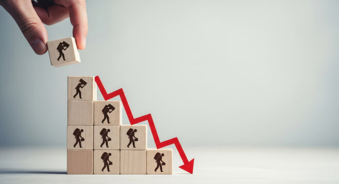 Economic Downturn Business Recession Concept Falling Arrow and Wooden Blocks with People Icons Decrease Decline Failure Crisis Risk Challenge