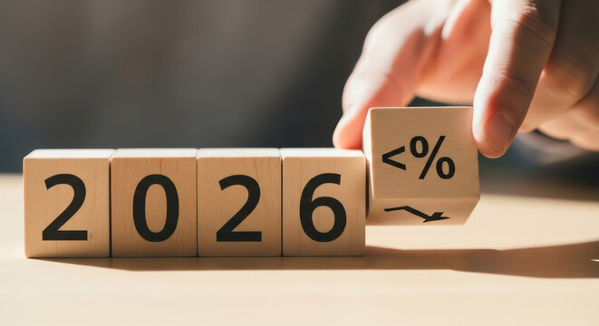 Economic Forecast 2026 Interest Rates Wooden Blocks Decreasing Growth Future Finance Investment Planning Budget Revenue Rate Decrease Decline Recession