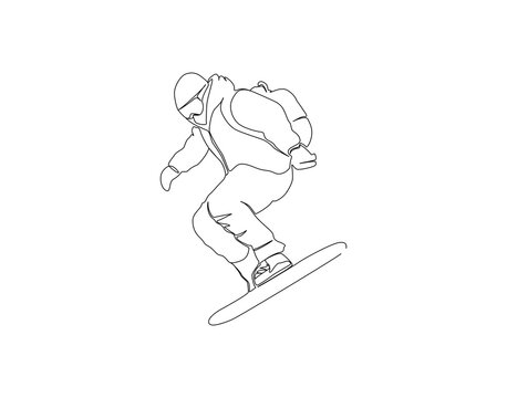 Snowboarding continuous line. Continuous one line drawing of snowboarding. Extreme sport concept. Single line drawing