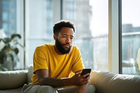 African American remote worker with beard and forearm tattoo sitting on couch in yellow T - shirt, holding phone and looking displeased by sunlit city window