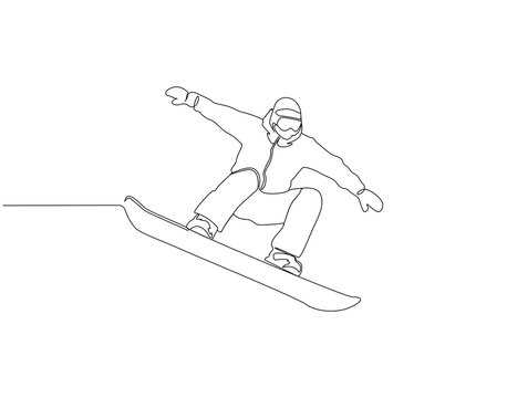 Snowboarding continuous line. Continuous one line drawing of snowboarding. Extreme sport concept. Single line drawing