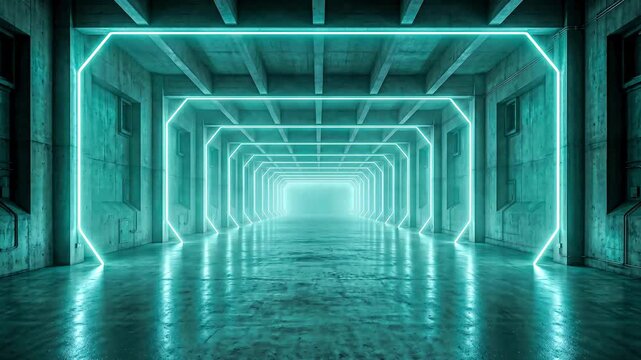 cyan neon futuristic tunnel zoom in motion sci fi corridor glowing geometric frames concrete hallway immersive depth loop background animation 4k