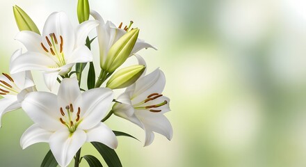 Fototapeta premium Elegant white lily flowers on soft green background with natural lighting.