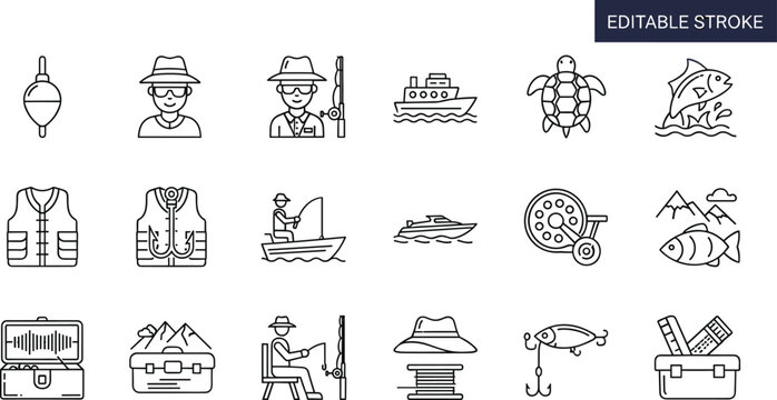 Fishing Line Icons Set with Angler, Boat, Gear, Fish, Tackle Box, and Equipment Editable Stroke Vector Illustration for Outdoor Sport and Hobby Design