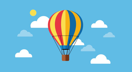 Obraz premium A hot air balloon floats gently through the clear blue air with puffy clouds.
