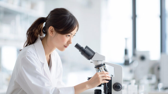 女性研究者が研究室で顕微鏡をのぞく研究イメージ
