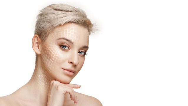 Blonde woman poses with subtle white facial grid mapping on cheek and neck against clean white background. Made for beauty tech, skincare diagnostics and cosmetic treatment ads.