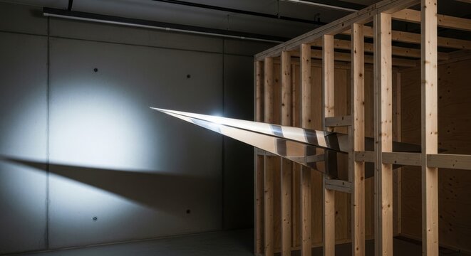 Metallic Directional Fin Extending from a Wooden Frame Inside a Research Facility for Aerodynamic Testing