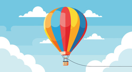 Fototapeta premium Vibrant hot air balloon soars through clear sky with fluffy clouds