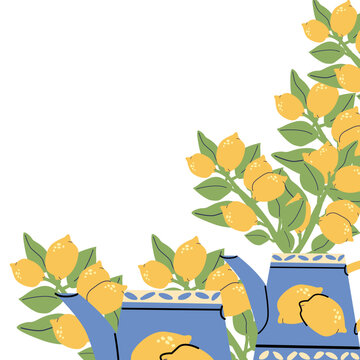A background of teapots filled with lemon blossoms in a Mediterranean garden style. Ideal for kitchen decor, seasonal invitations, and culinary-themed designs. Perfect for summer events and garden par