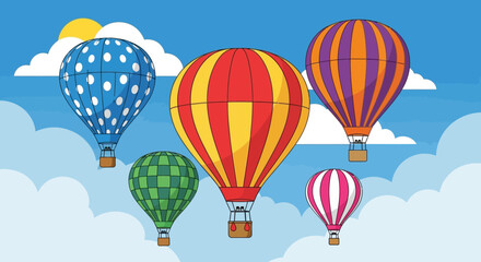 Obraz premium Colorful hot air balloons flying high in clear blue sky with fluffy clouds