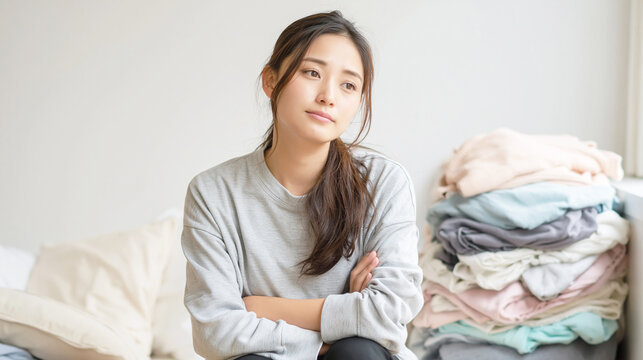 洗濯物や衣類の片付けに悩む自宅の若い女性
