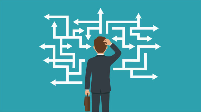 Businessman facing complex decisions and multiple choices, feeling confused
