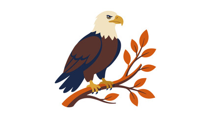 A beautifully illustrated eagle proudly perches on a branch, showcasing its striking features against a backdrop of autumn leaves and vibrant colors that convey strength. © James