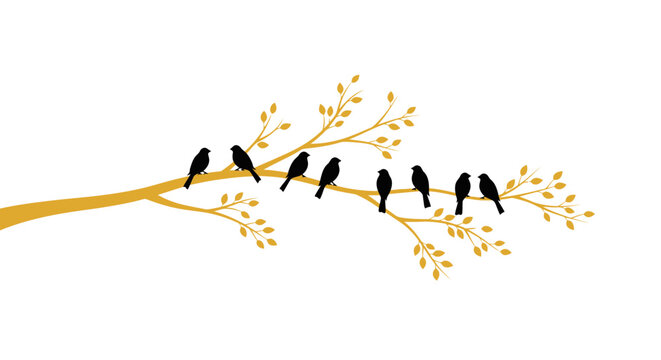 Black bird silhouettes perch on a golden tree branch with autumn leaves.