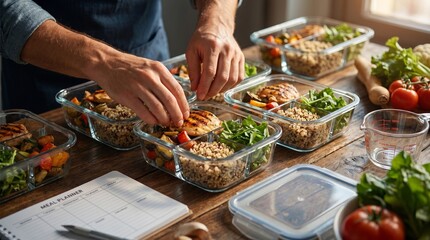 Obraz premium Man hands arranging fresh healthy food meals while using lunch prep routine with portion planning, placing food into control friendly containers to support healthy eating and daily meal organization