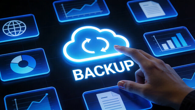 A human finger touches a glowing digital cloud icon representing secure online backup storage services on a modern interactive interface