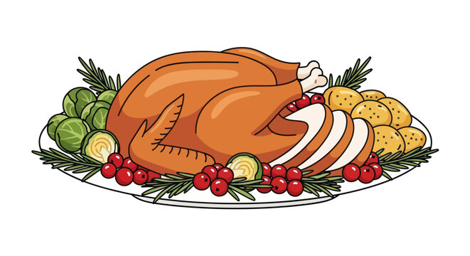 Roasted turkey dinner platter with vegetables and cranberries isolated on white