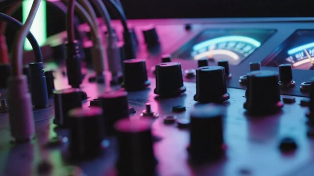 Vintage Audio Mixer VU Meters and Knobs with Colorful Neon Lighting