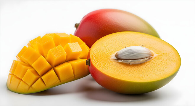 Whole Mango, Halved with Seed and Diced Slice Isolated on White Background