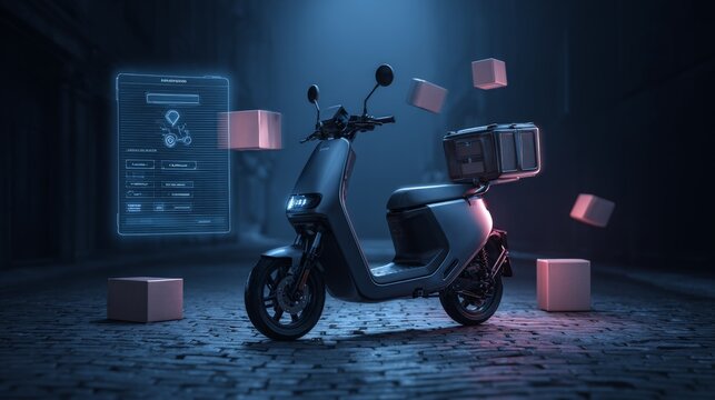 Futuristic scooter glows under neon light. Boxes float around, hinting at delivery action. Digital screen displays data, suggesting tech integration. Dark alleyway frames the scene