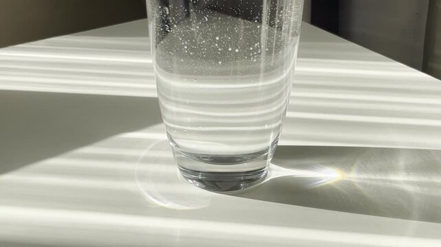 sunlight filtering through window blinds creates rhythmic shadows around sparkling glass of fresh water on white table