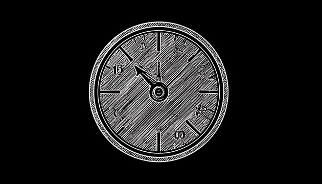 Sketchy monochrome clock face with hands indicating a time against a stark black background