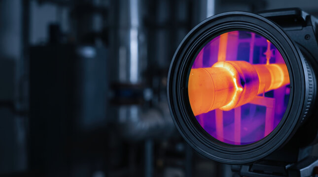 Thermal management infrared camera scanning hot pipe in industrial plant for inspection and safety
