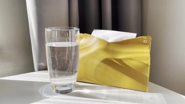 sparkling water glass and yellow tissue box cast bright sunlight caustics across minimalist white morning desk