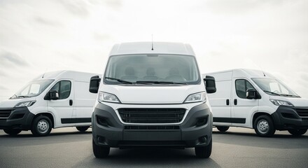 Fototapeta premium Fleet of White Commercial Delivery Vans Lined Up Outdoors Under a Cloudy Sky, Front View