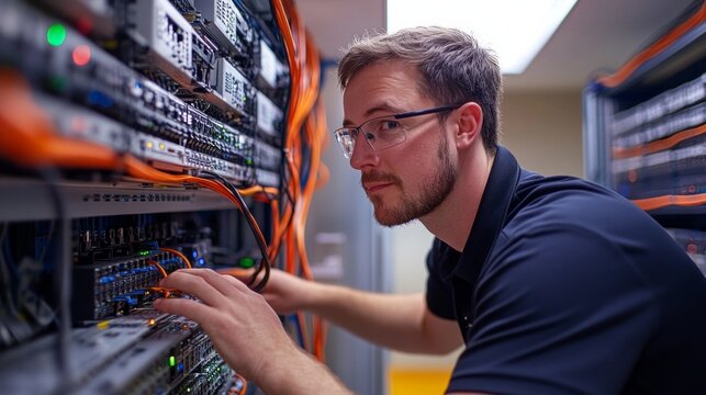 A system administrator wearing glasses connects cables to a server rack in the data centre, providing a professional technical backdrop for topics such as IT infrastructure 