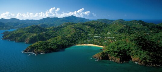 Obraz premium Scenic Aerial View of Lush Green Hills and Serene Beach Landscape