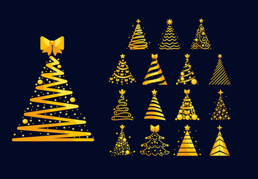 Golden Christmas Trees Illustration Set