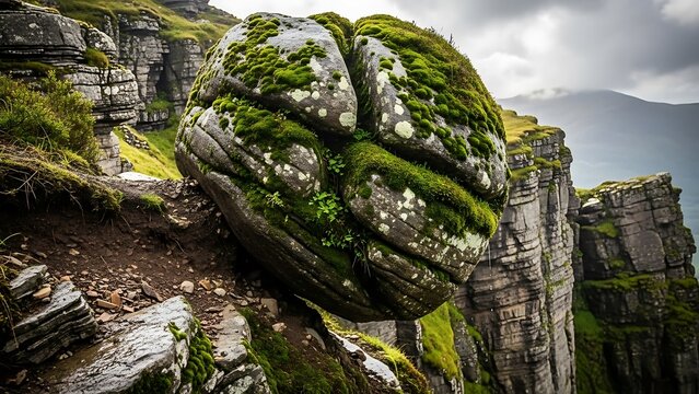 Mossy ancient stone structure landscape.