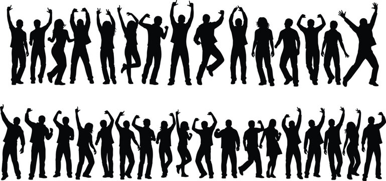 Large collection of happy people silhouettes dancing jumping and celebrating in rows representing party fun success and joy
