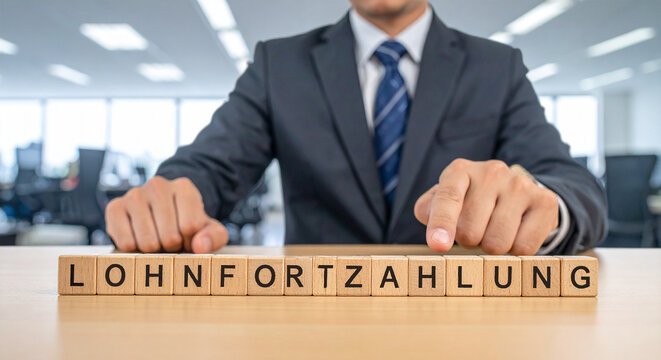 Lohnfortzahlung - Geschäftsmann zeigt auf den Text "Lohnfortzahlung"