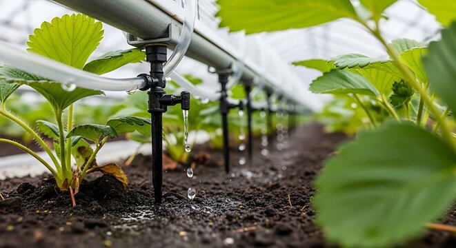 A close-up view of young plants growing in a greenhouse with a drip irrigation system watering them.