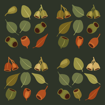 Seamless pattern of eucalyptus leaves and gumnuts in earthy tones on dark green background, Australian flora illustration