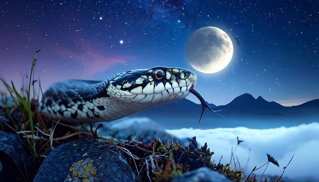 Snake on rocky terrain under moonlight with clouds and mountain backdrop, stars shining in the deep blue sky