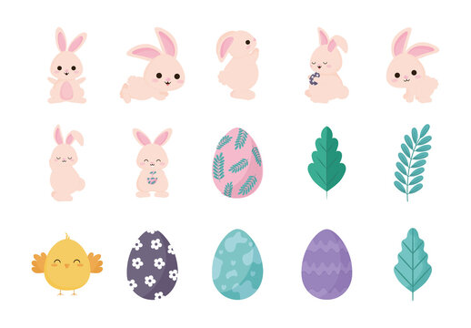 Cute Easter Bunnies and Eggs Illustration Set