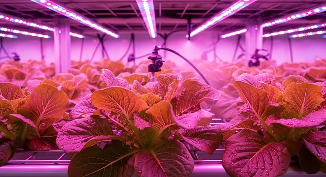 Indoor hydroponic farm growing various plants under purple LED lights in a controlled environment with lush greenery and irrigation system.
