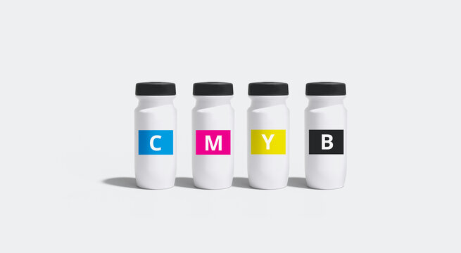 CMYK Ink Bottles Set on White Background &ndash; Universal Printing Ink for DTF, Eco Solvent, Offset, UV, Laser and Inkjet Systems