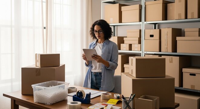 Focused woman with glasses using tablet, surrounded by shipping boxes and packing supplies in a home