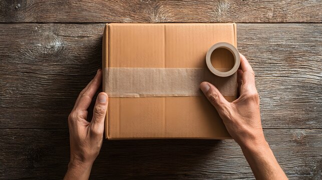 Top view of hands sealing cardboard box with packing tape on wooden table.
