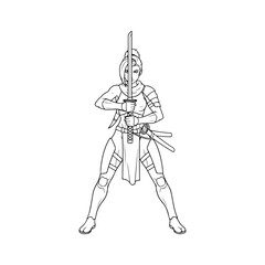Obraz premium Line art vector illustration of a female samurai warrior holding a sword isolated on white background