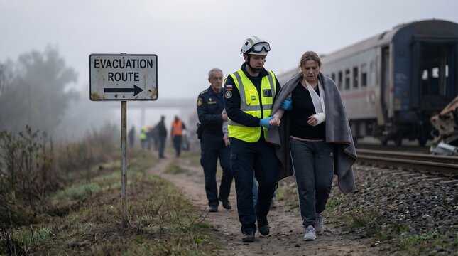 Emergency services escorting passengers from a train on an evacuation route in foggy conditions.